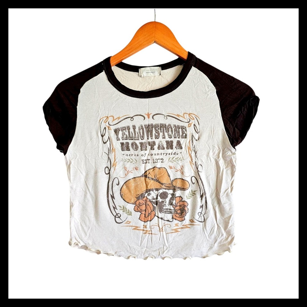 Altar'd State Yellowstone Montana Skull Crop Top Graphic Tee Brown Small S